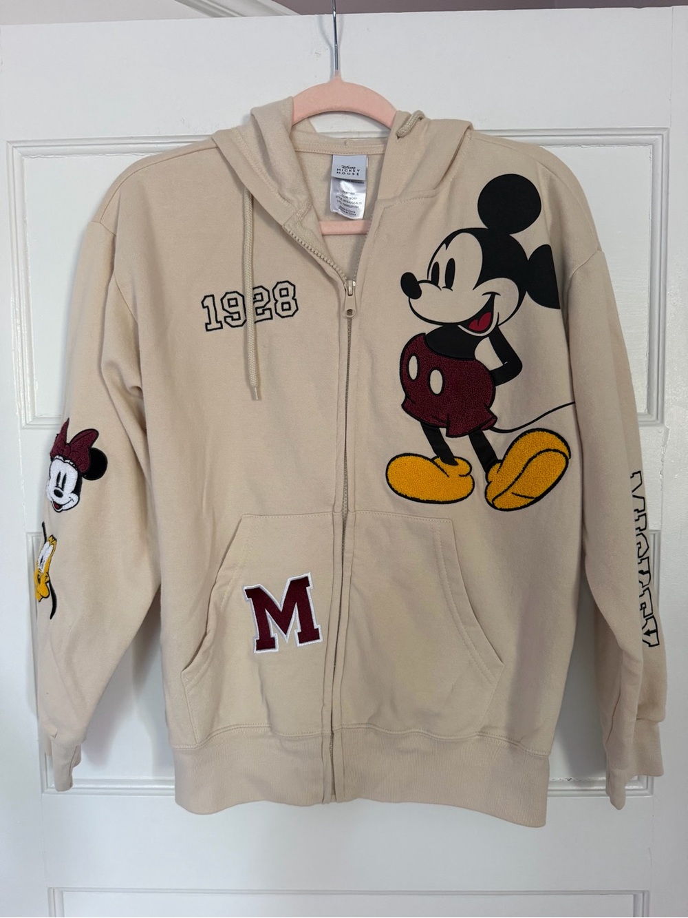 Disney Mickey Mouse 1928 Full Zip Hoodie Small Ivory Minnie Pluto Embroidered